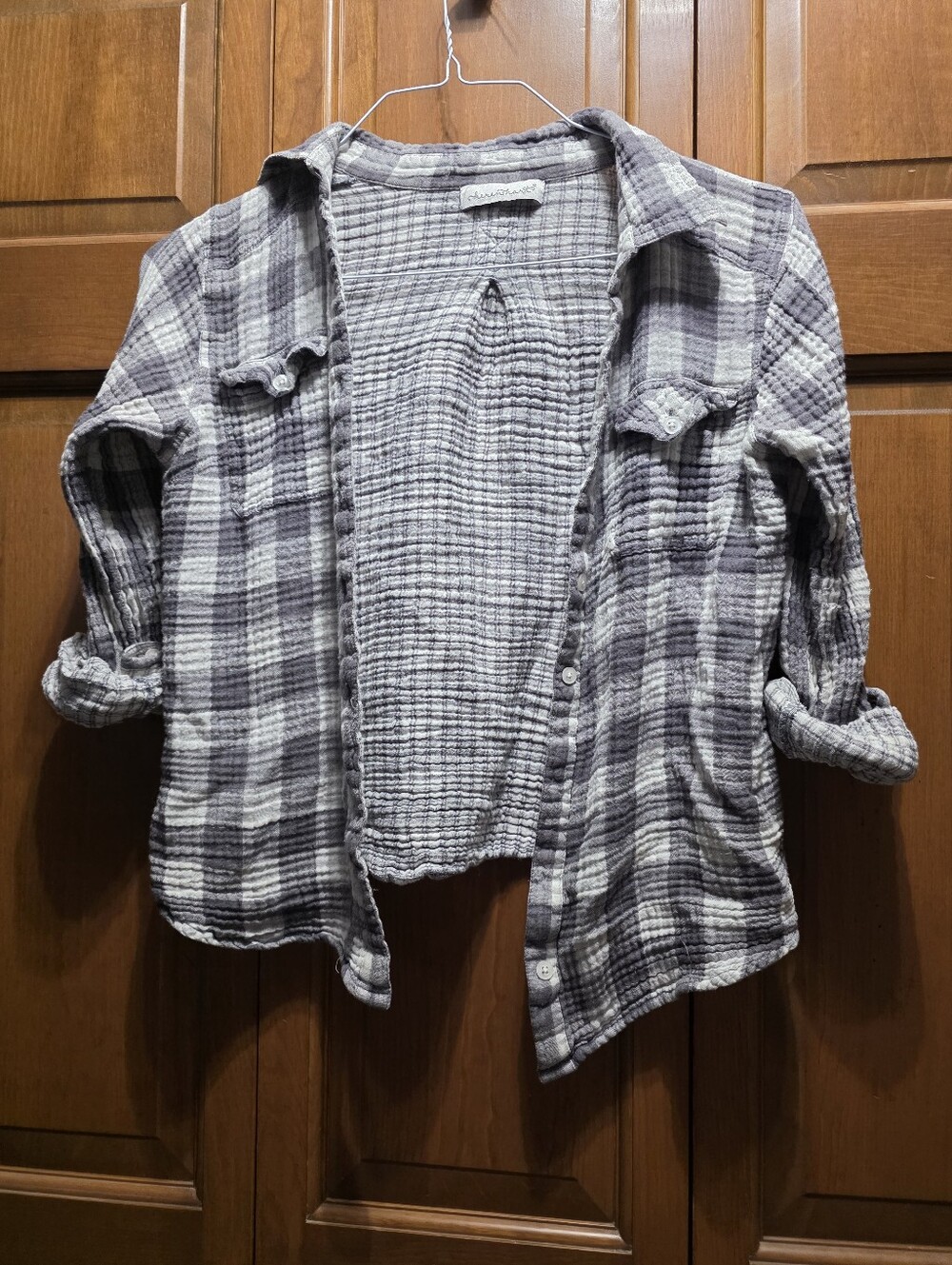 Womans Plush Plaid Button-Up Shirt - Gray & White